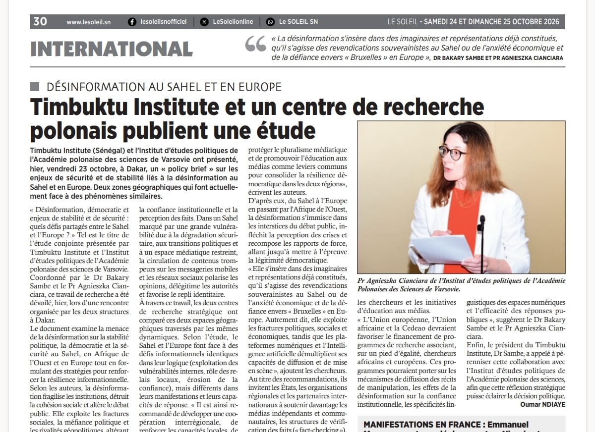 Le Soleil coverage of the Timbuktu Institute–SAUFEX report launch in Dakar